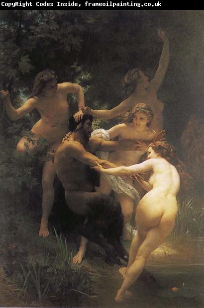 Adolphe William Bouguereau The god of the forest with their fairy